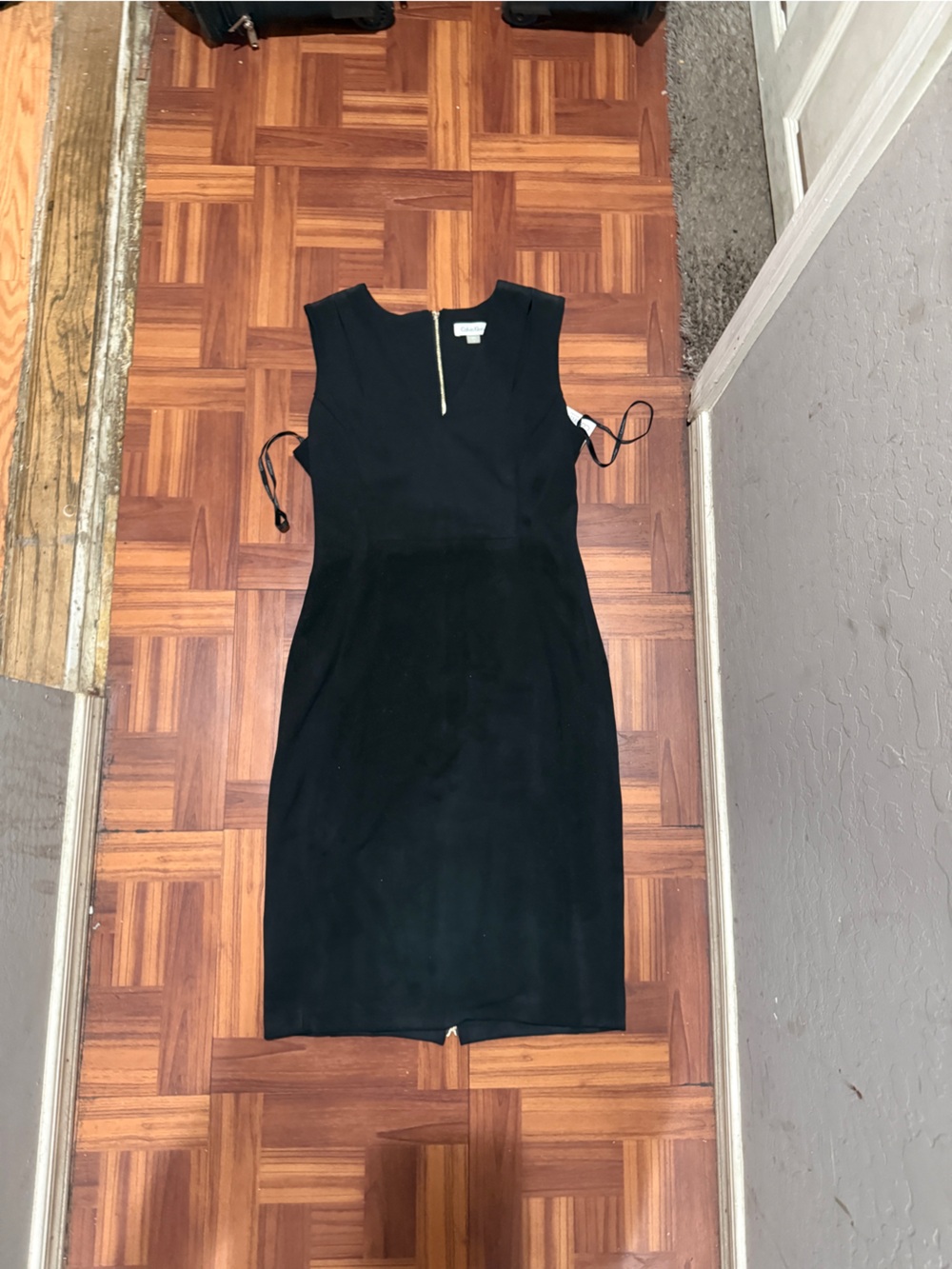 Calvin Klein Black Sleeveless Sheath Dress with Gold Zip